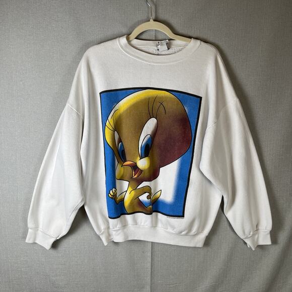 VTG Looney Tunes XL All Over Front Big Tweety Bird Sweatshirt White Made in USA - Picture 1 of 9